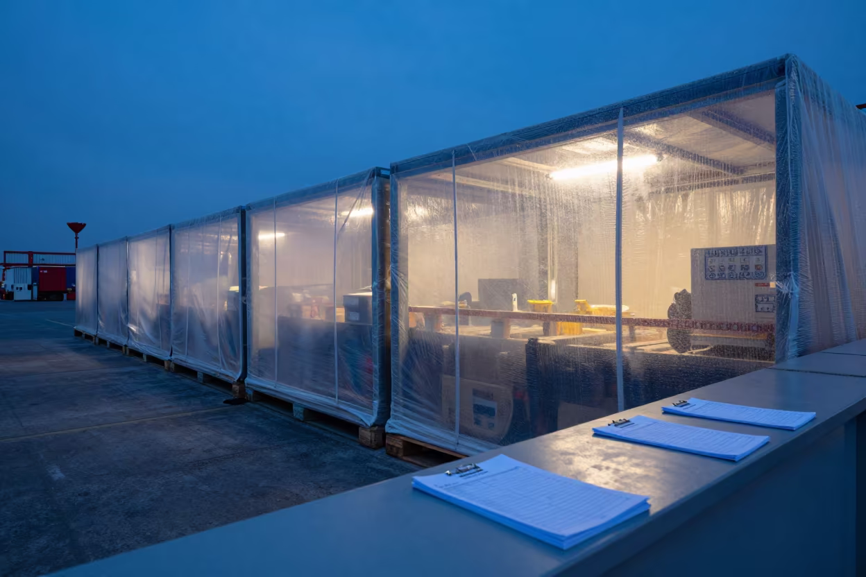 Cold Chain Staging Row with Neon Light in Haiphong in inside a dispatch office above the dock near Haiphong