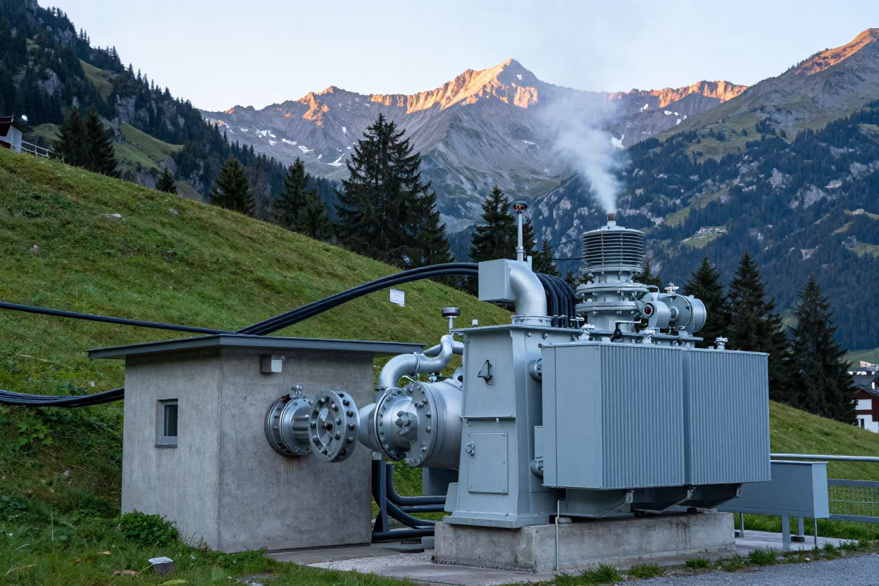 Cold Dawn Light on Alpine Penstock Valve House in along a dam spillway near Innsbruck