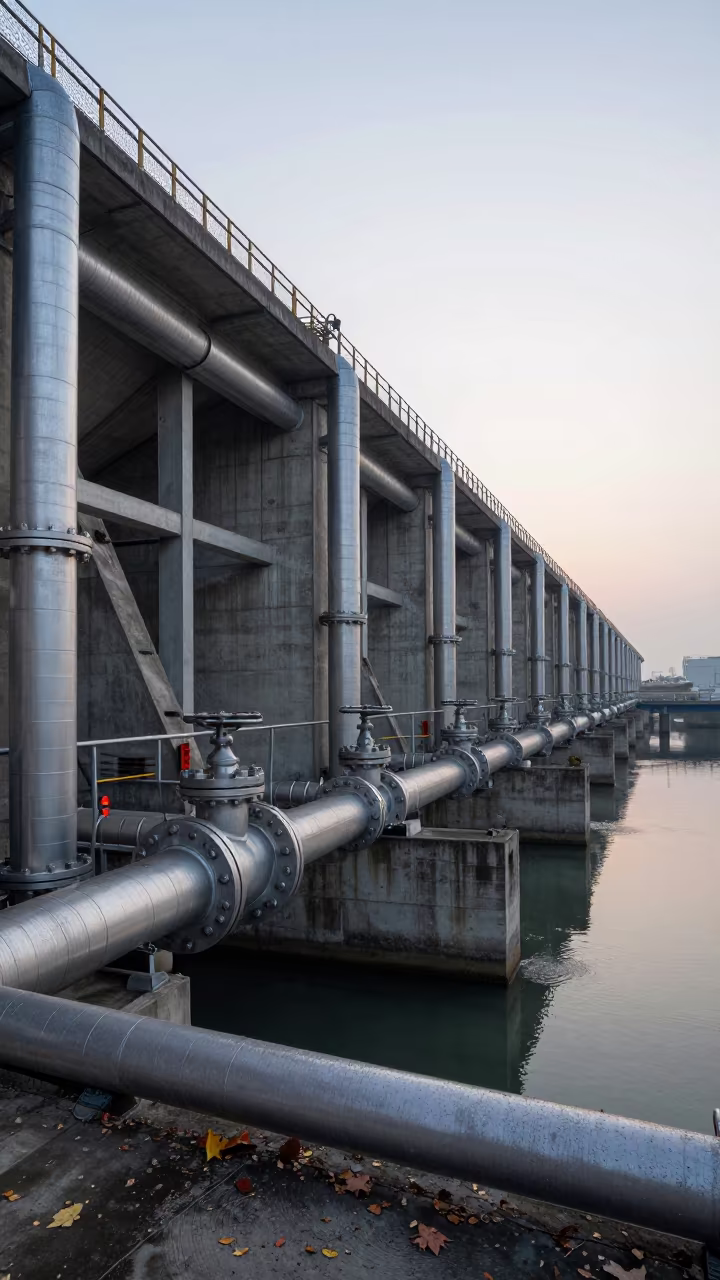 Cold Dawn Light on Ningbo Hydro Valve House in beside a hydroelectric intake near Ningbo