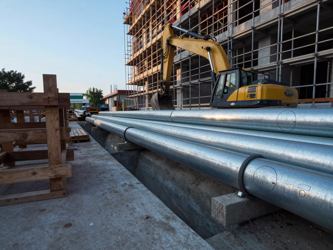 Cold Dawn Light on Thai Pipe Yard Cribbing in along a scaffolded facade in Thailand