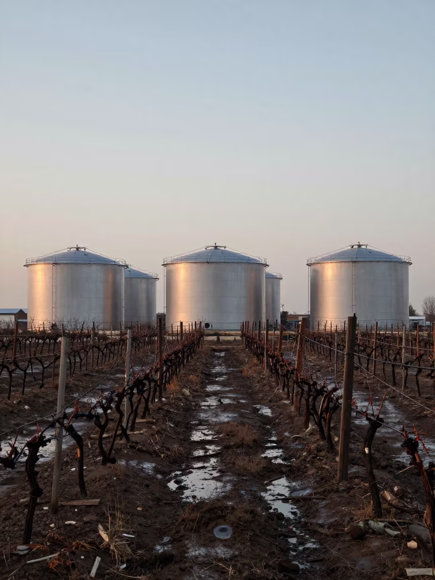 Cold Dawn Oil Tanks Near Vineyard Rows in between vineyard trellises near Peshawar