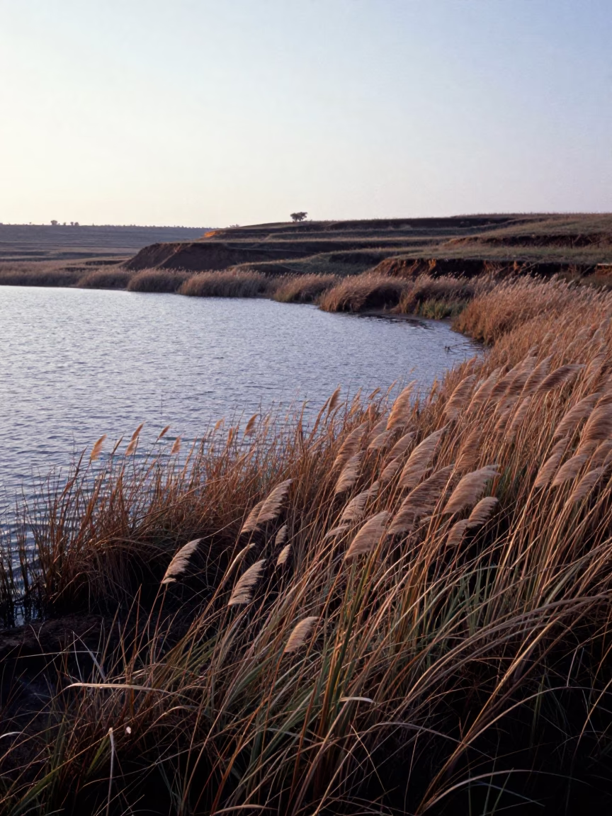 Cold Dawn Light on Sudan Terraced Bluff in across a floodplain after rain in Sudan