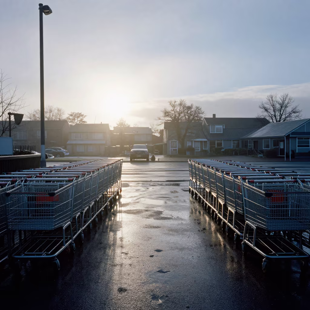 Cold Morning Drizzle Shopping Cart Corral Kingston in near a loading zone behind a retail strip in Kingston
