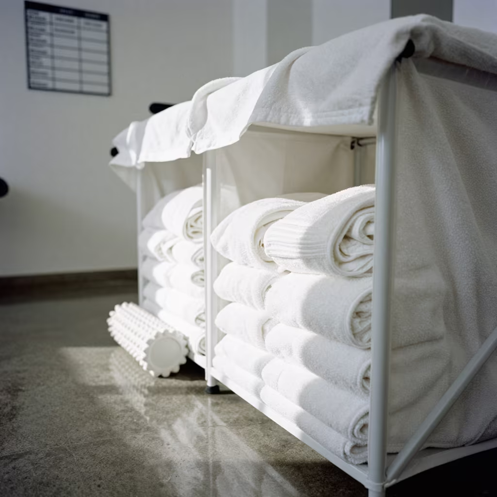 Cold Plunge Robe Hamper Before Booking Cycle in inside a recovery lounge beside foam rollers in Eixample, Barcelona