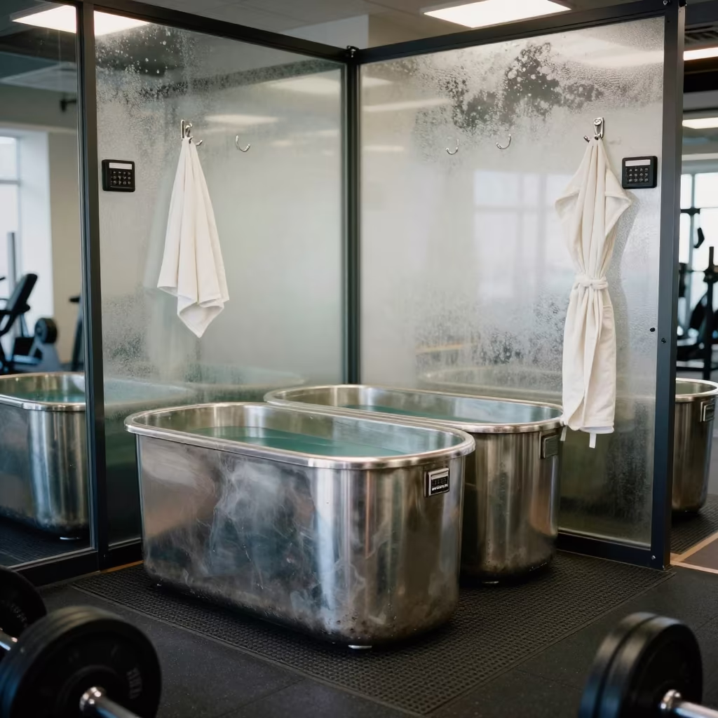 Cold Plunge Station in Bokhtar Spin Studio in inside a spin studio under class lights in Bokhtar