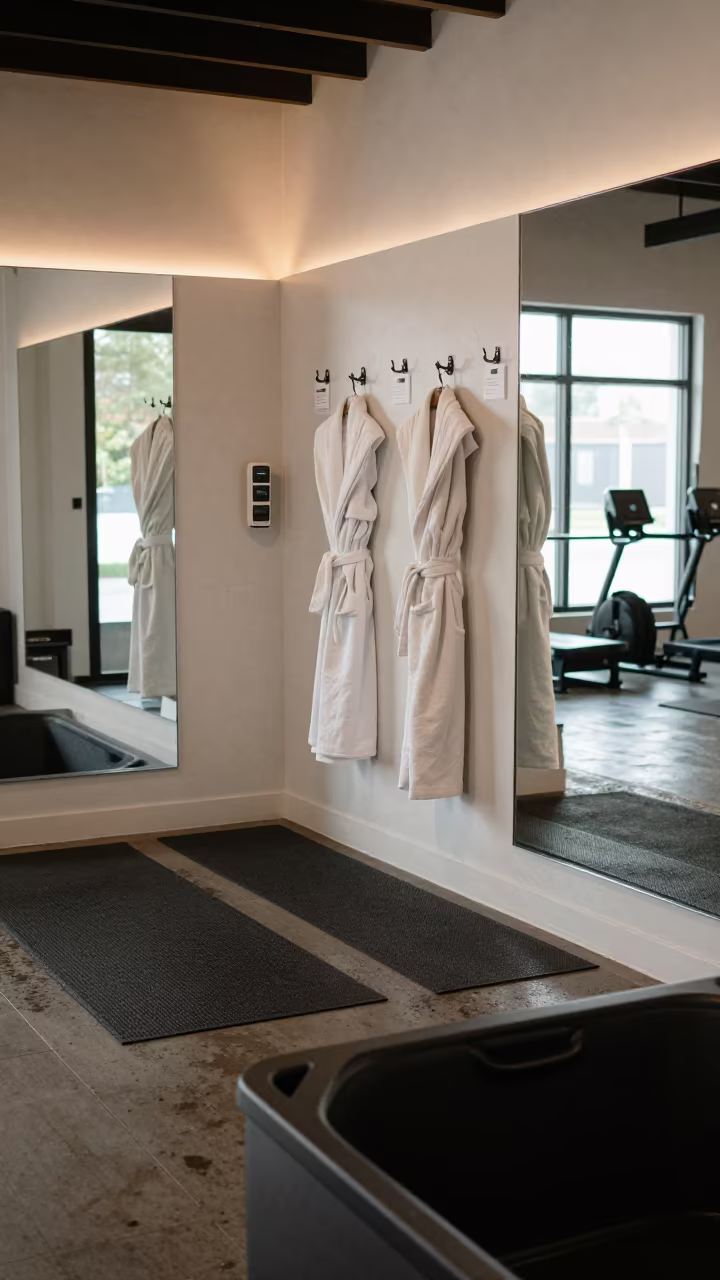 Cold Plunge Station with Robe Hooks and Timer Cards in inside a yoga studio before the session begins near Cincinnati