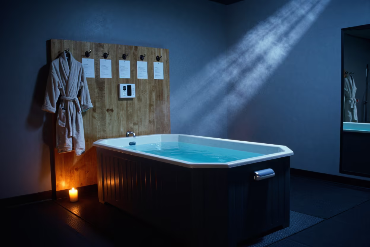 Cold Plunge Station with Robes and Timer Cards in inside a strength room in Medina