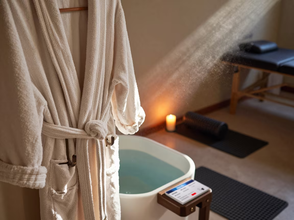 Cold Plunge Station with Robes and Timers in inside a recovery lounge beside foam rollers in Santiago de Veraguas