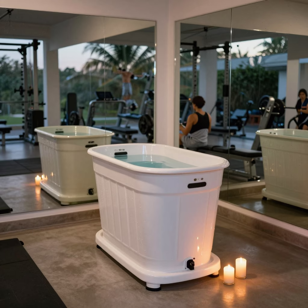 Cold Plunge Timer in Warm Candlelight in inside a strength room near Punto Fijo