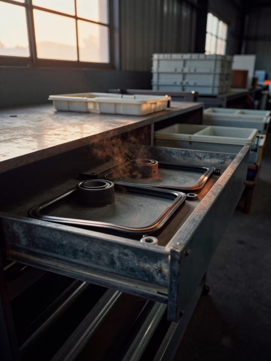 Cold Route Gasket Drawer in Evening Light in inside a warehouse aisle near Fortaleza