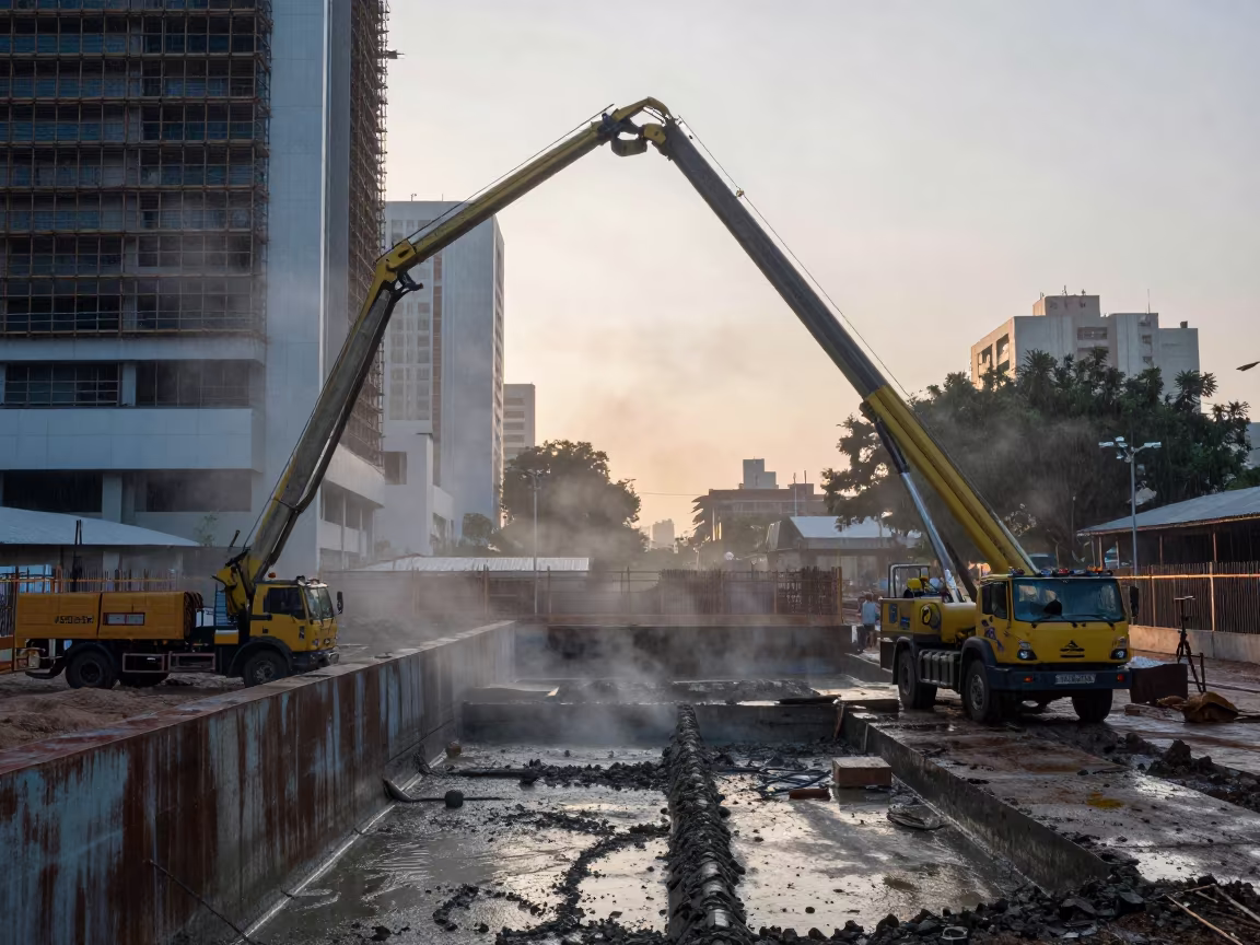 Cold Silver Dawn Concrete Pump Boom Pernambuco in along a scaffolded facade in Pernambuco