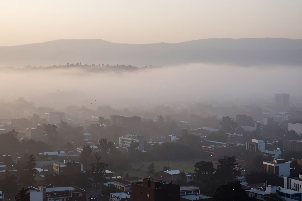 Cold Silver Dawn Fog Over Roma Mexico City Plain in across a storm-bright plain near Roma, Mexico City