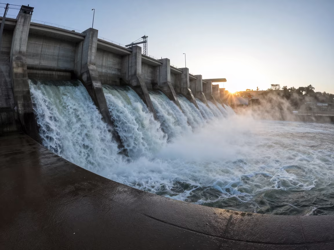 Cold Silver Dawn at Hydroelectric Dam Spillway León in beside a hydroelectric intake in León de Los Aldama