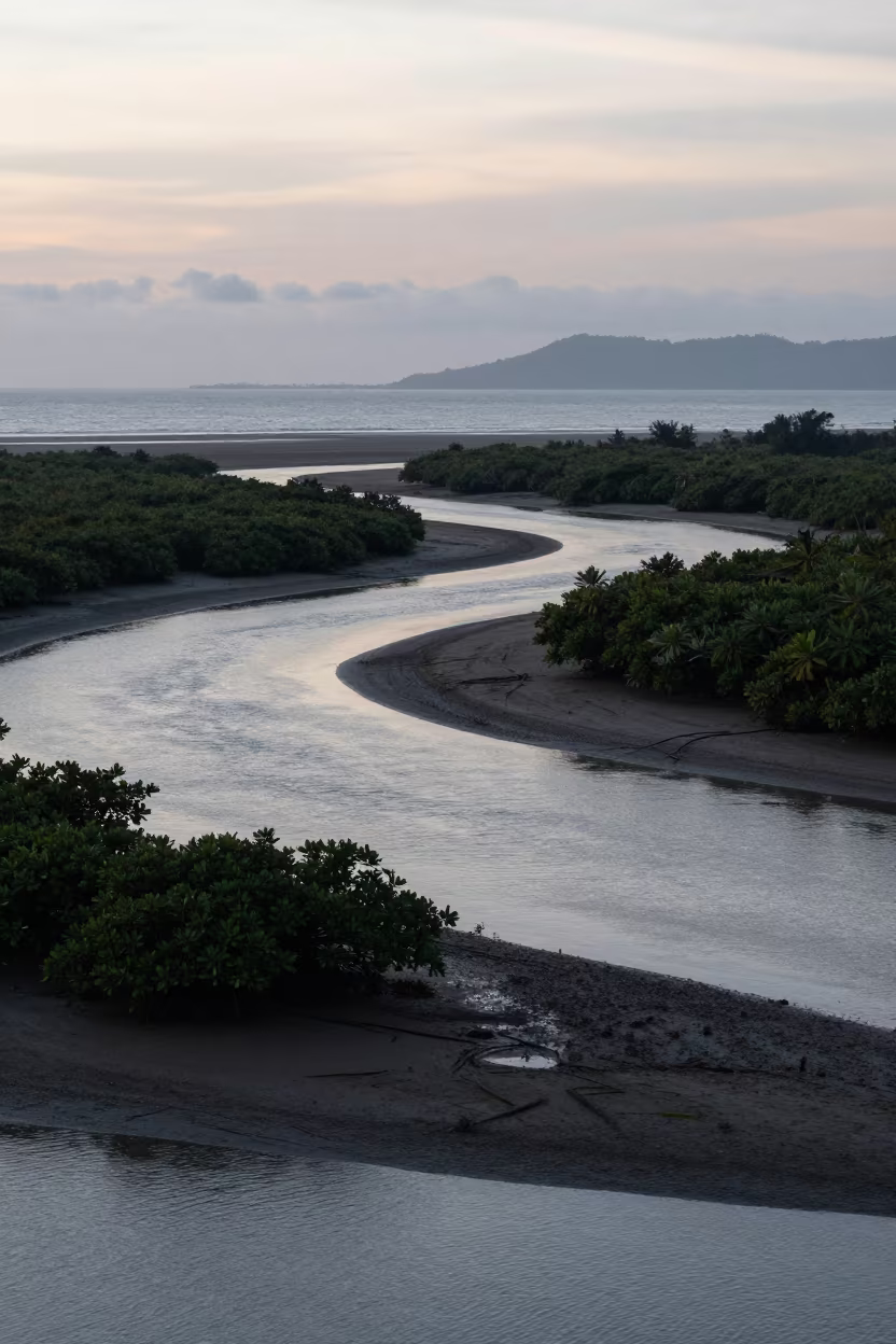 Cold Silver Dawn Over Philippine Estuary in across a wide valley floor in Philippines