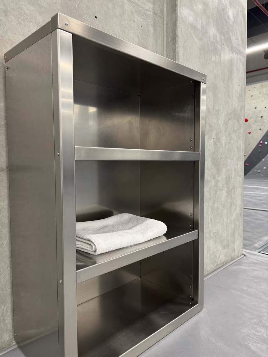 Cold Towel Cabinet in Los Angeles Climbing Gym in inside a climbing gym warmup zone in Boyle Heights, Los Angeles