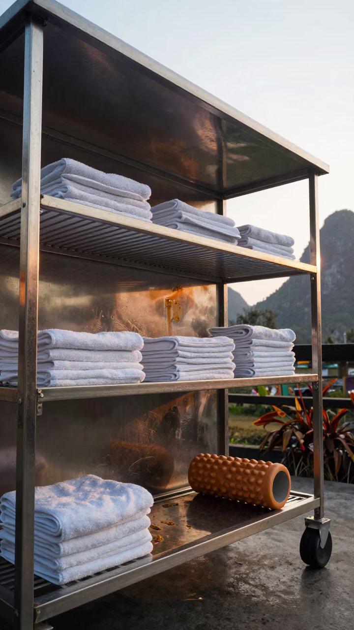 Cold Towel Shelf in Yangshuo Recovery Lounge in inside a recovery lounge beside foam rollers near Yangshuo