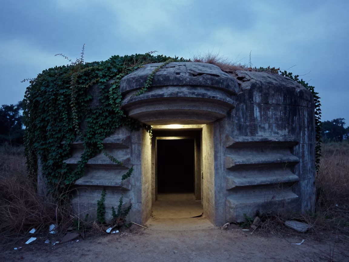 Cold War Bunker Ruin in Assam Twilight in beside ivy-draped masonry in Assam