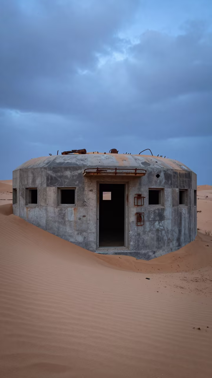 Cold War Bunker Ruins in Sahara Twilight in in the Sahara
