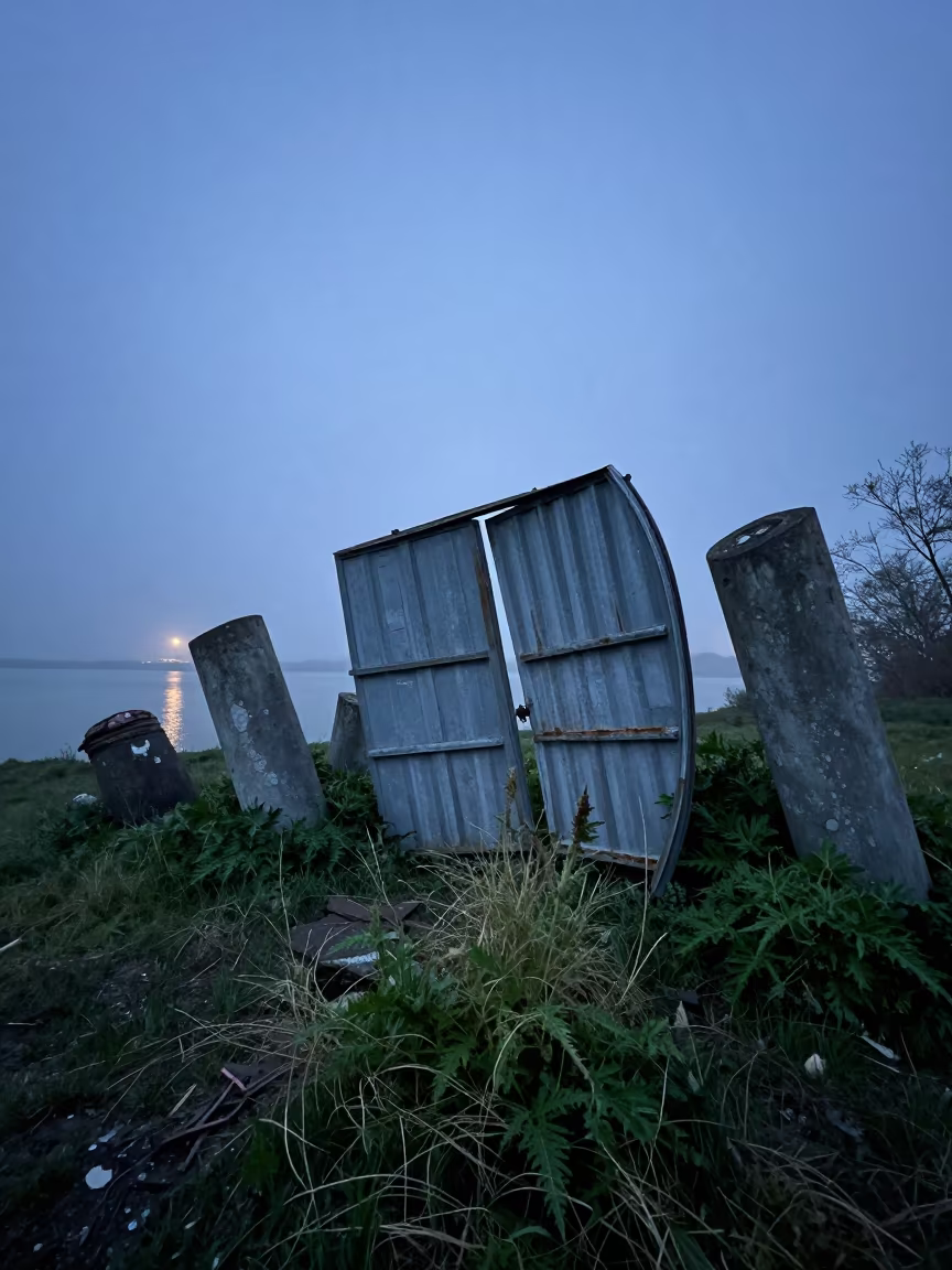 Cold War Silo Ruin by Water in Spring Fog in among toppled columns and nettles near Portsmouth