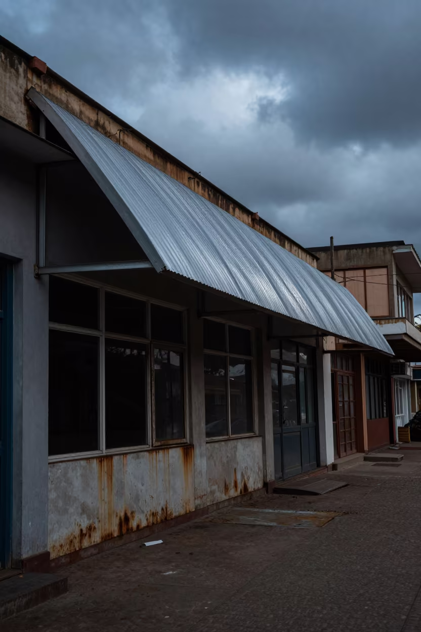 Collapsed Awning Over Vacant Kampala Storefront in along a shuttered arcade in Kampala