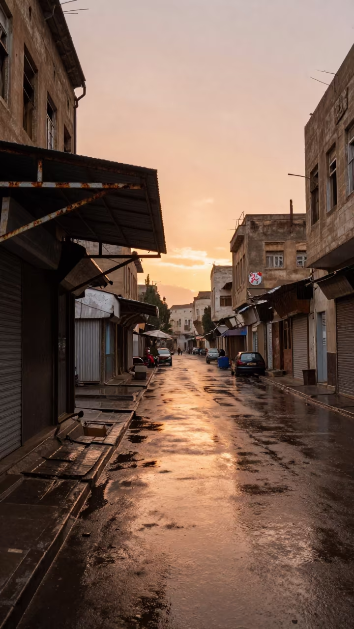 Collapsed Awning Over Vacant Storefront in Mosul Evening in along a market-lined side street in Mosul