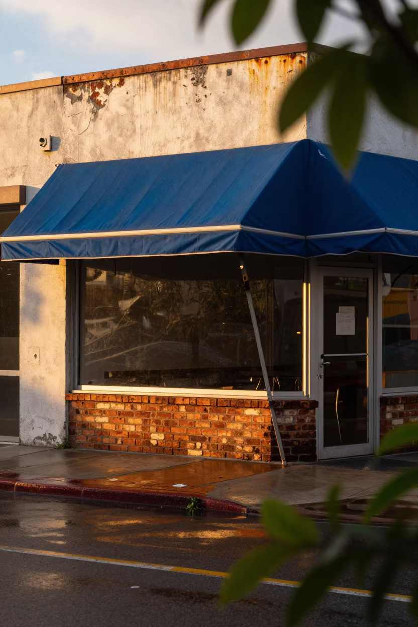 Collapsed Awning Over Vacant Wynwood Cafe in outside a corner cafe in Wynwood, Miami
