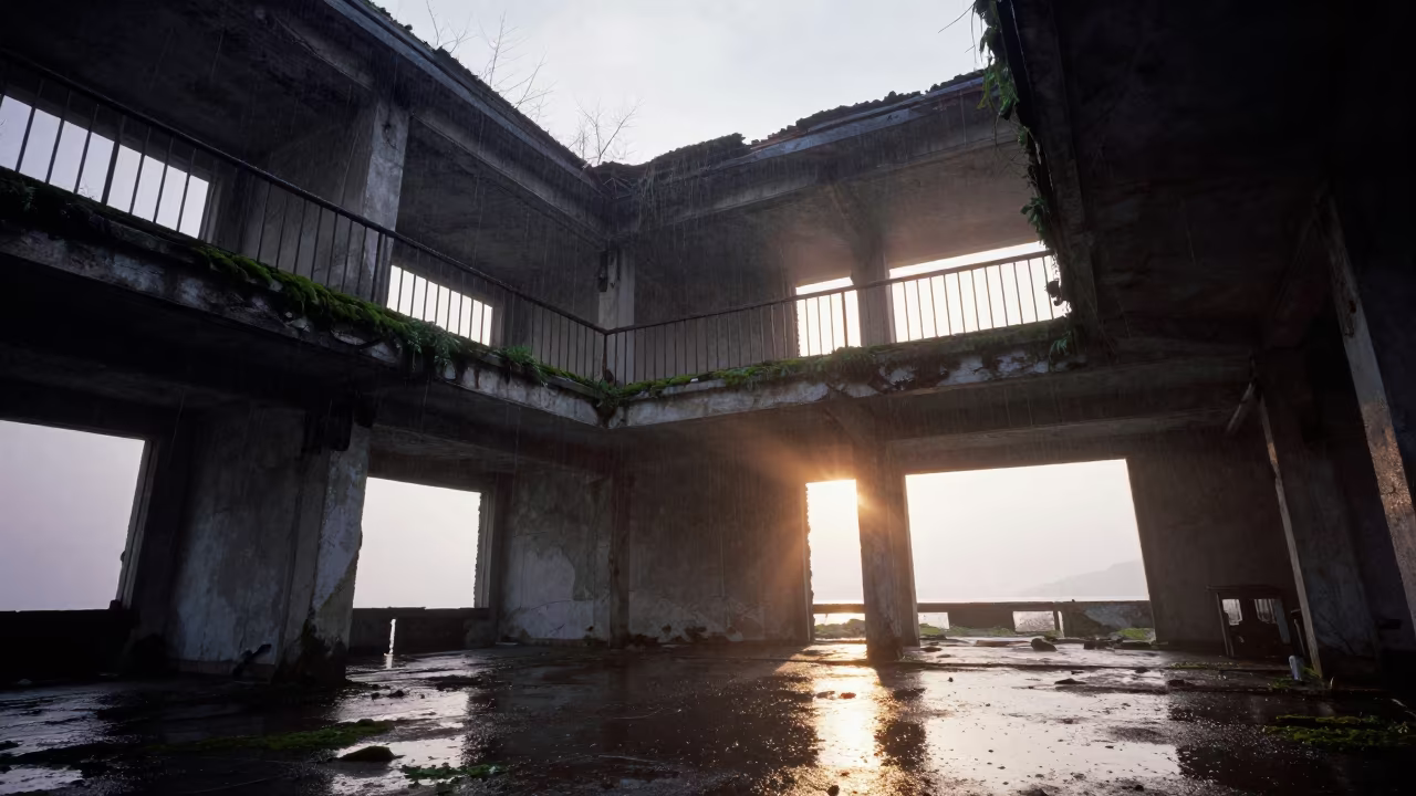 Collapsed Balconies in Roofless Hammam at Dawn in inside a roofless hammam in United States