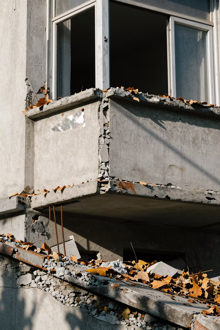 Collapsed balconies on ruined Soviet block near Bursa in on a stone ledge near Bursa