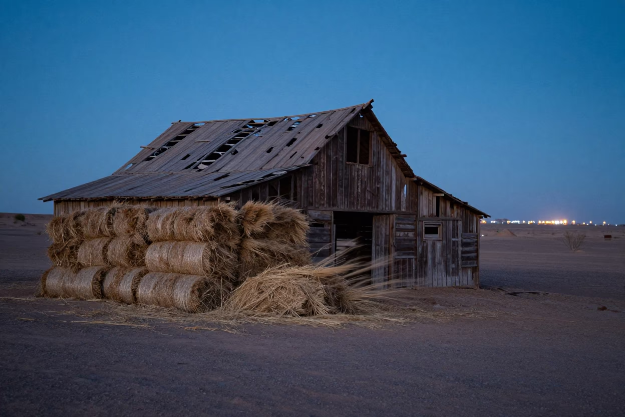 Collapsed Barn Hay Spilling Gobi Desert Twilight in beside stacked hay bales in the Gobi Desert