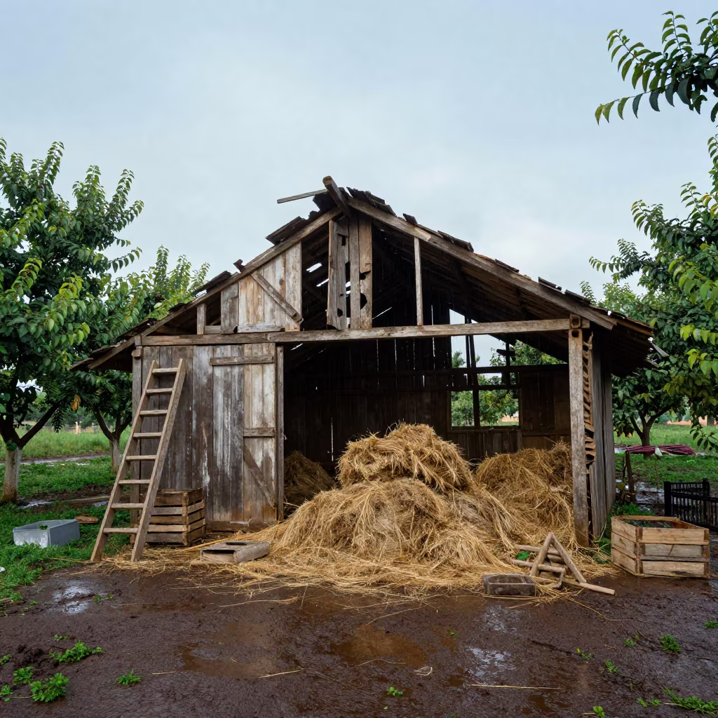 Collapsed Barn Amidst Orchard Crates in Ethiopian Rain in among orchard ladders and crates in Ethiopia