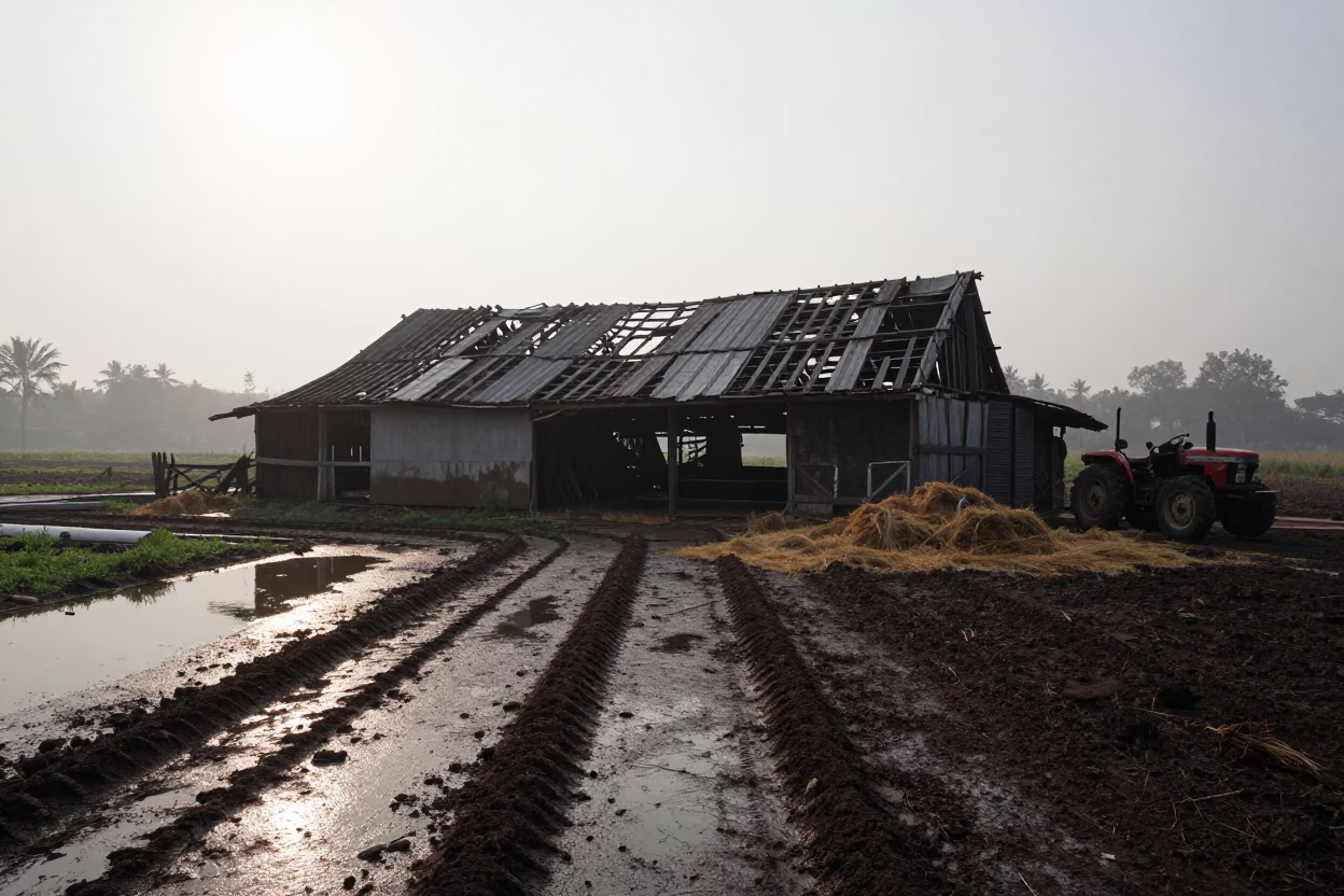 Collapsed Barn Roof Spills Hay in Wet Season in beside a tractor track through dark soil in Juhu, Mumbai