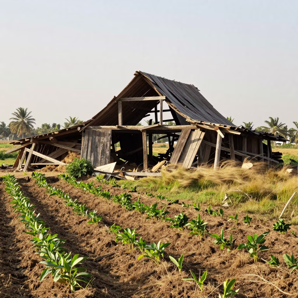 Collapsed Barn and Sapling in Mukalla Fields in along freshly irrigated rows near Mukalla