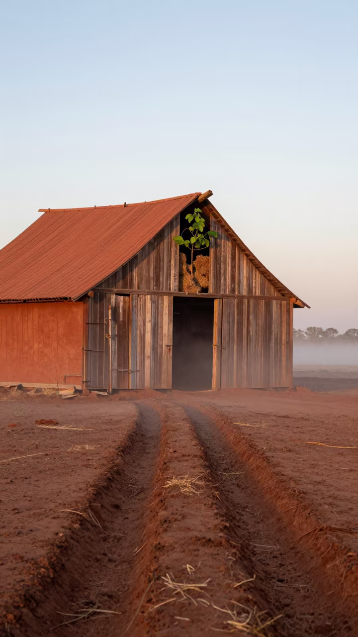 Collapsed Barn Hay Loft Sapling Rising in along freshly irrigated rows in Namibia