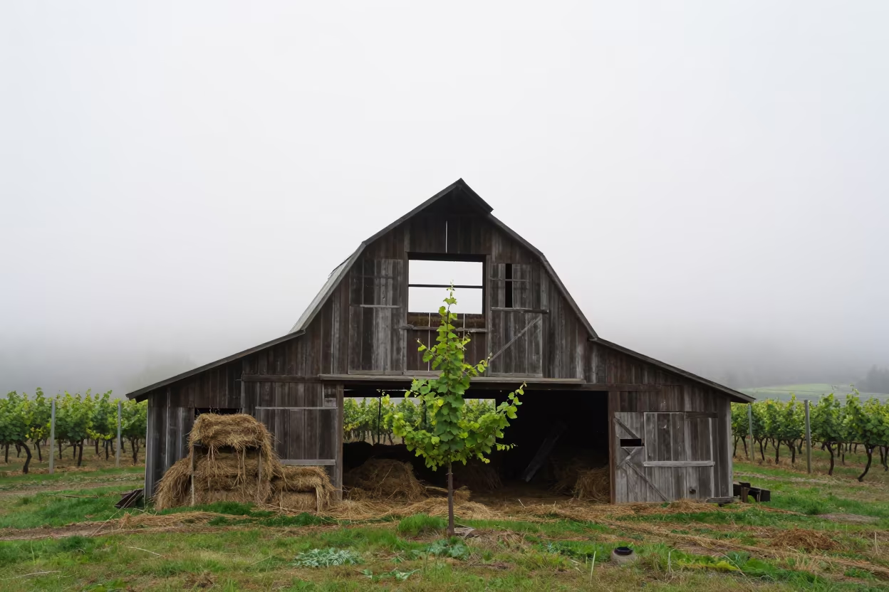 Collapsed Barn Silhouette Amidst BC Vineyard Fog in between vineyard trellises in British Columbia
