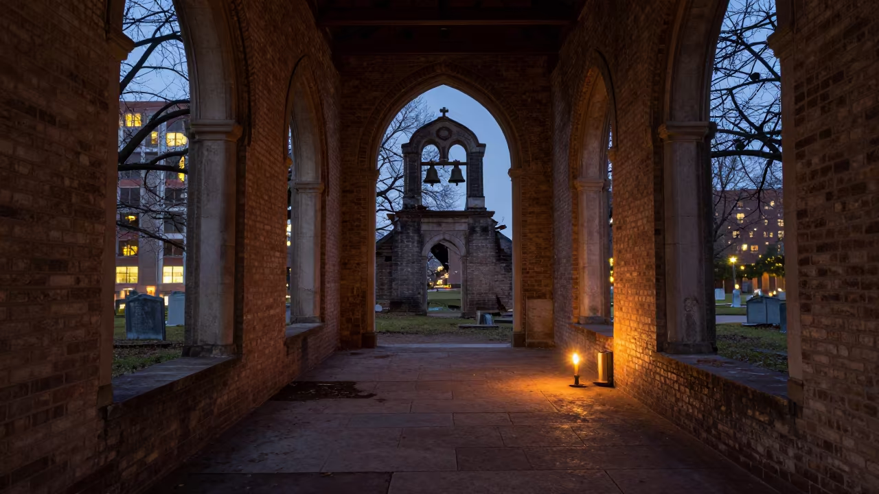 Collapsed Bell Tower in Dallas Cloister Chapel in inside a quiet cloister passage in Dallas