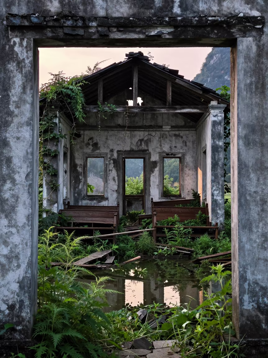 Collapsed Chapel Pews Amidst Nettles in near Yangshuo