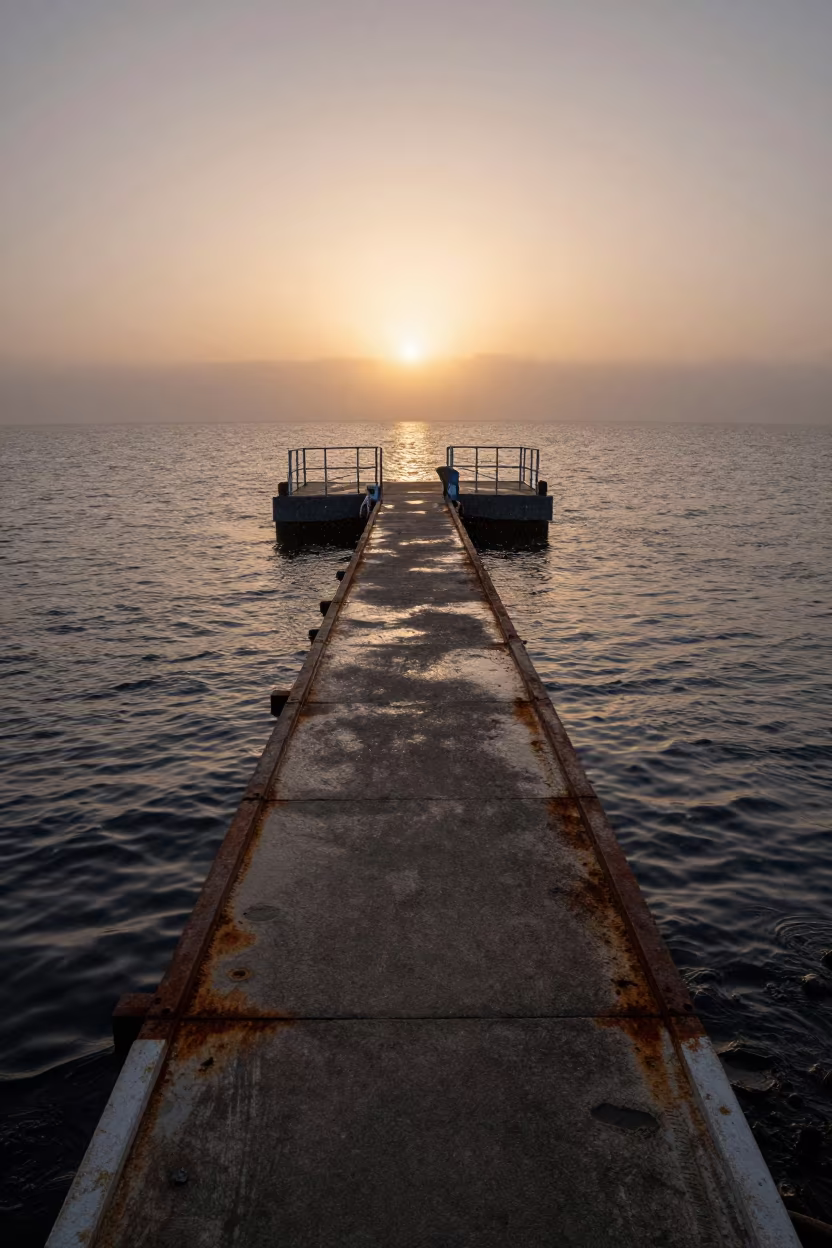 Collapsed Ferry Terminal in Evening Snow in across a remote ferry crossing near Libertad
