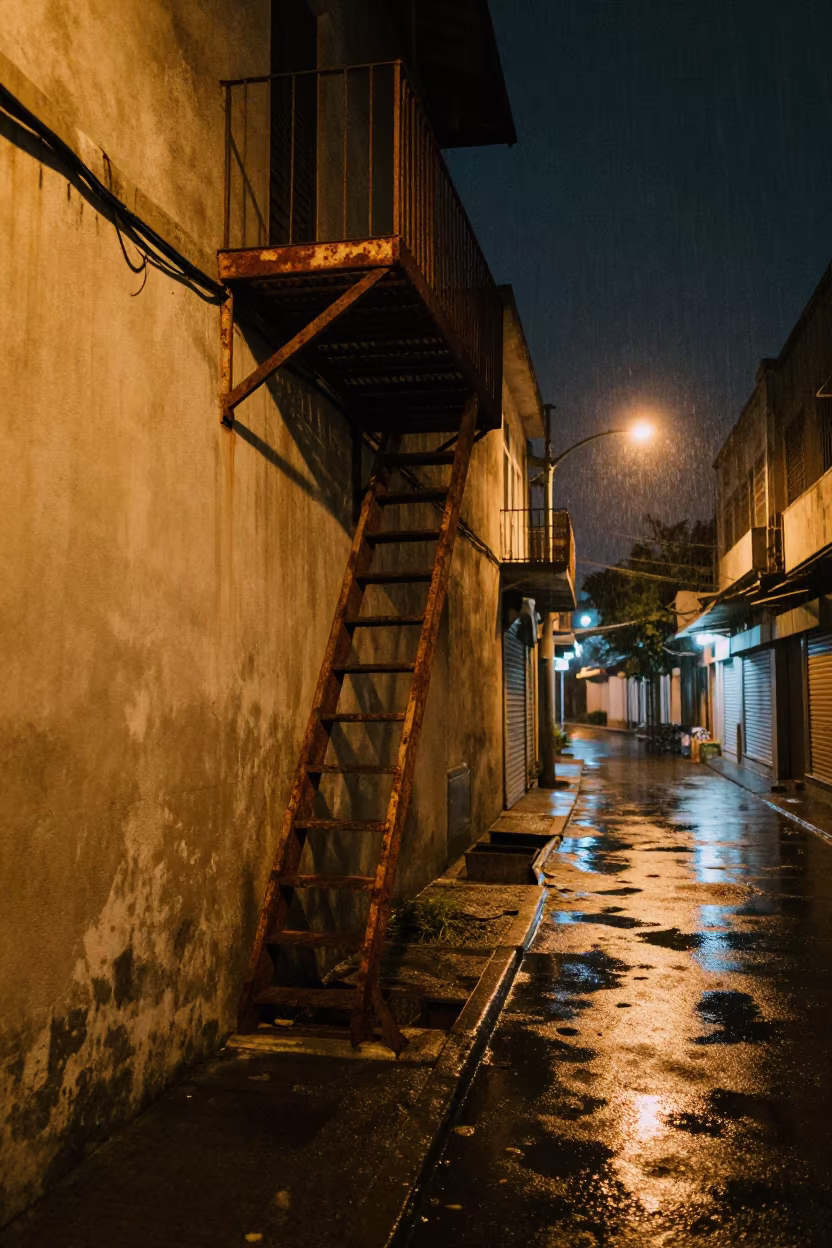 Collapsed Fire Escape in Cebu Alley in along a shuttered arcade in Cebu