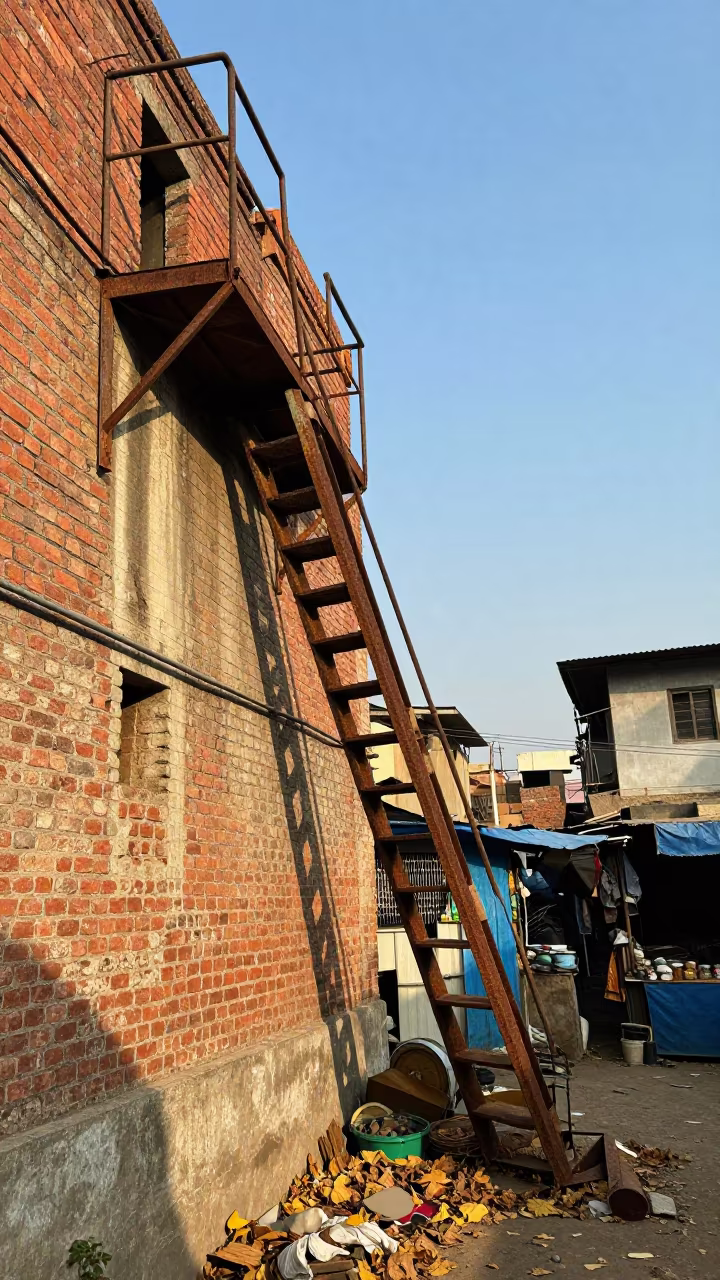 Collapsed Fire Escape on Gwalior Alley Wall in along a market-lined side street in Gwalior