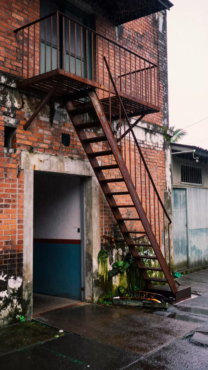 Collapsed Fire Escape Behind Metro Entrance Victoria in outside a metro entrance in Victoria Seychelles