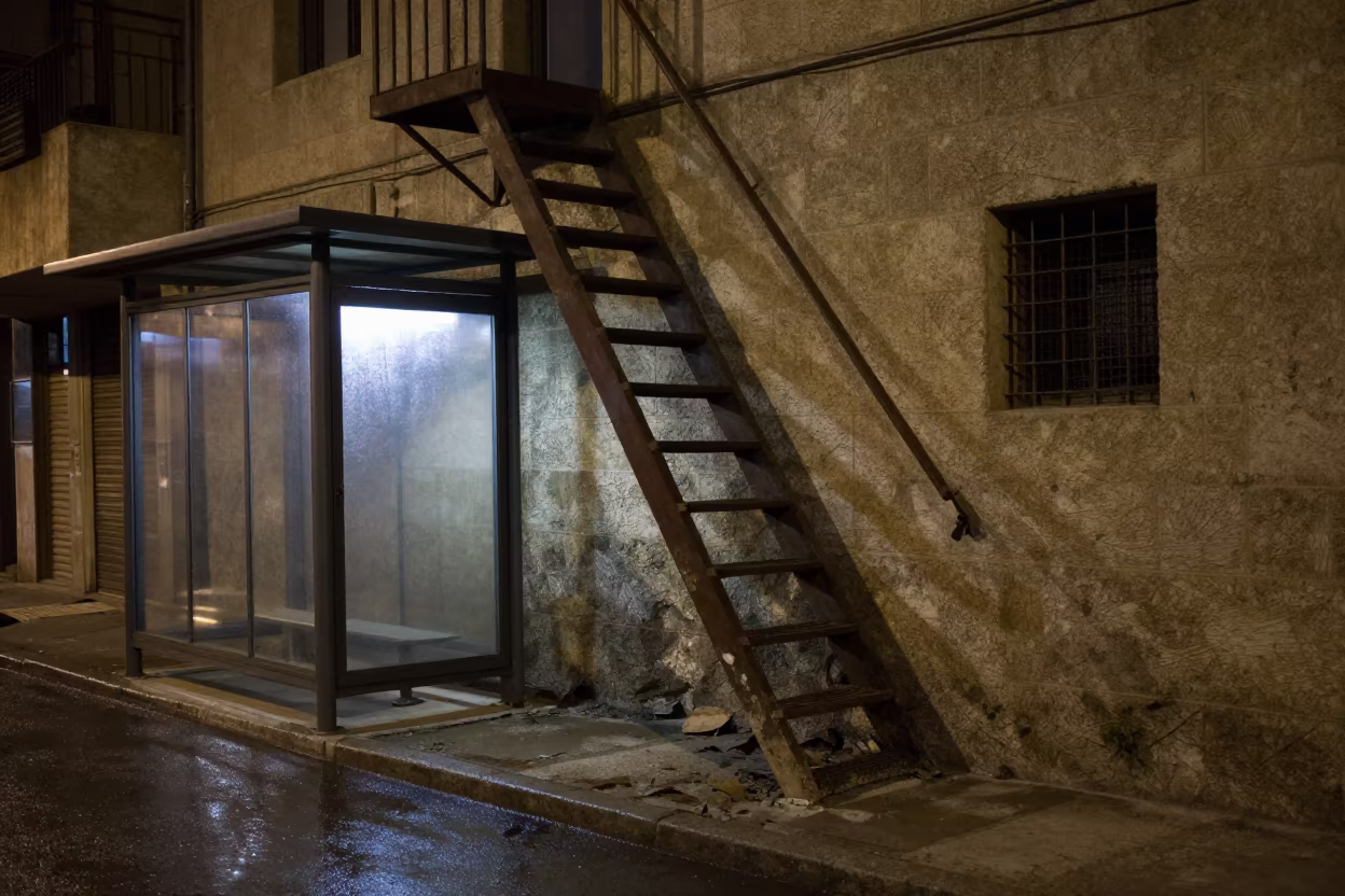 Collapsed Fire Escape Nablus Alley Night in beside a steamed-up bus shelter in Nablus