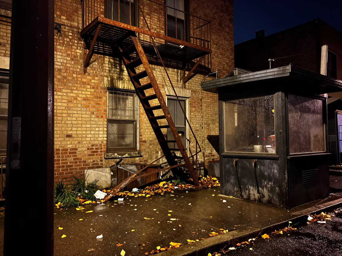 Collapsed Fire Escape in Rainy Amarah Alley in by a rain-darkened kiosk in Amarah