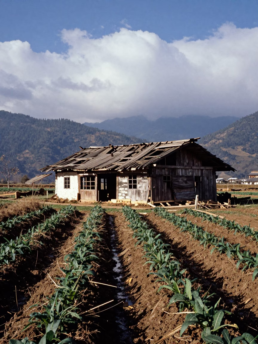 Collapsed Hay Barn Along Irrigated Rows in along freshly irrigated rows in Bhutan