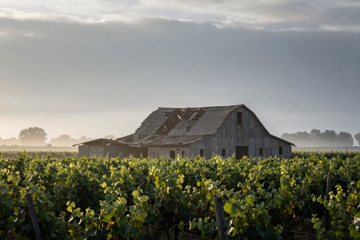 Collapsed Hay Barn in Jiangsu Vineyard Mist in between vineyard trellises in Jiangsu
