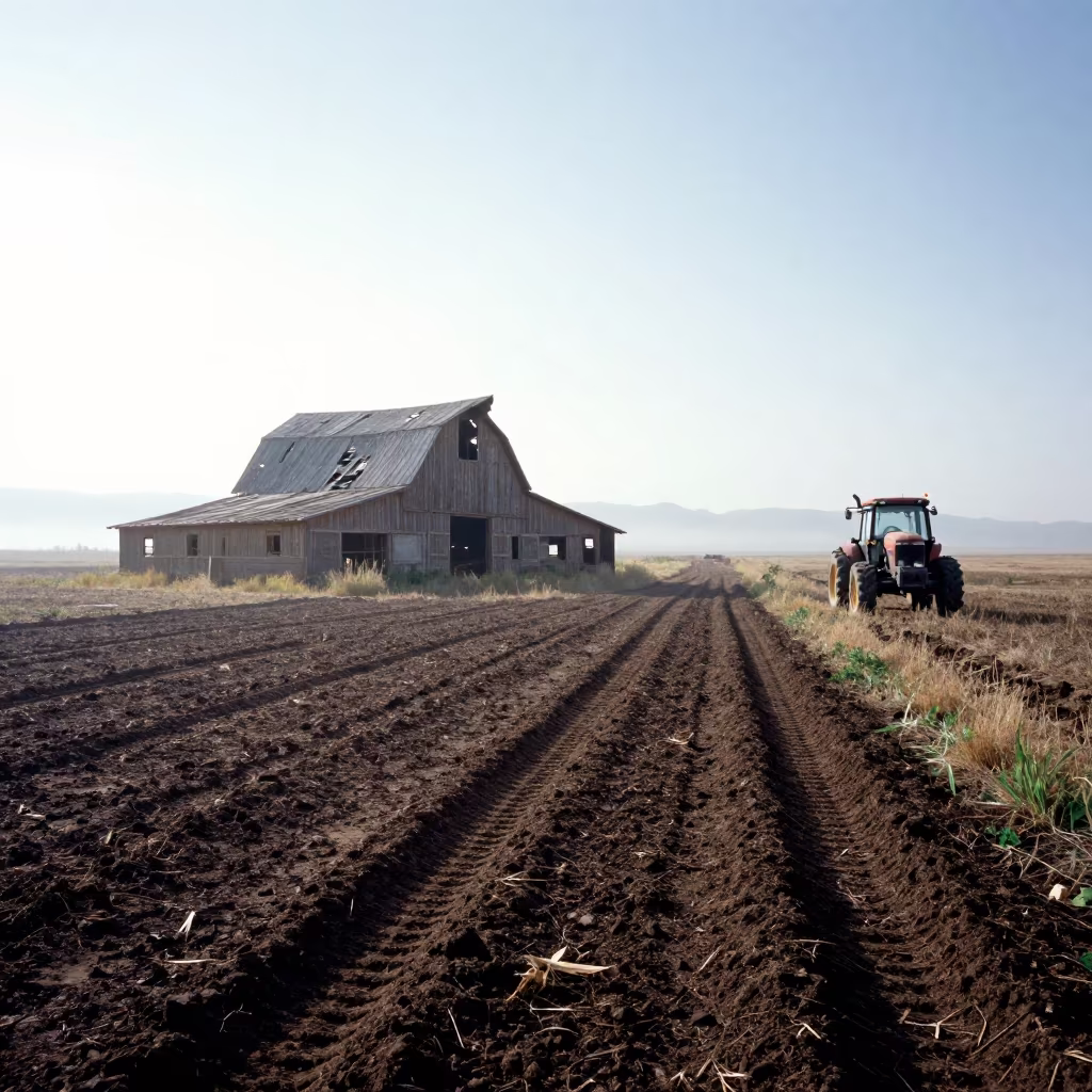 Collapsed Hay Barn Beside Utah Tractor Track in beside a tractor track through dark soil in Utah
