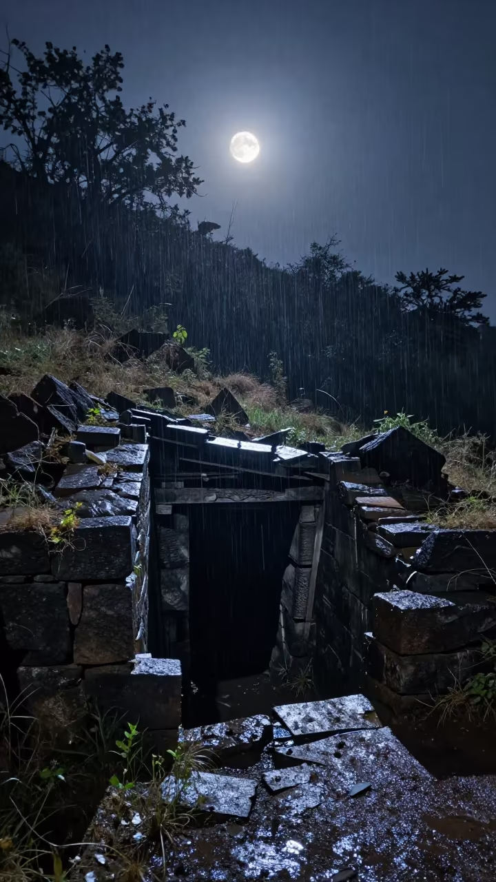 Collapsed Mine Entrance Under Moonlight in among collapsed cloisters near Amravati