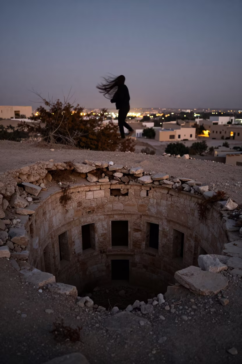 Collapsed Mine Silhouetted Against Dusk in among collapsed cloisters in Bahrain