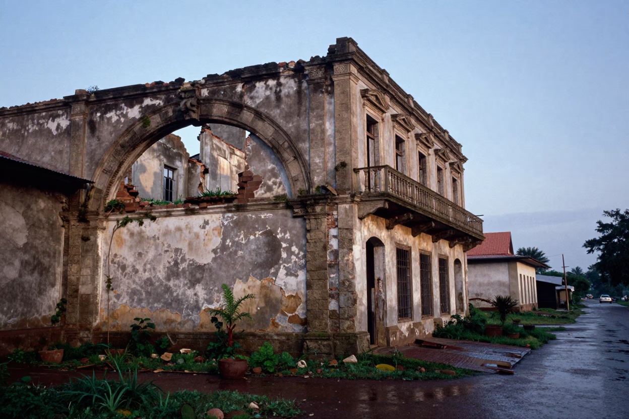 Collapsed Saloon Under Stone Arch in Brazzaville Rainy Season in beneath a broken stone arch near Brazzaville