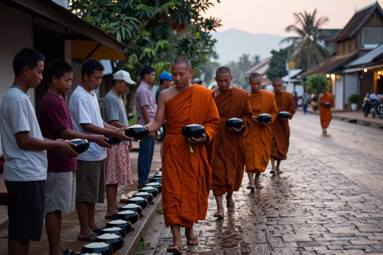 Collecting Alms in Luang Prabang at Nautical Dawn Light in in Luang Prabang, Laos