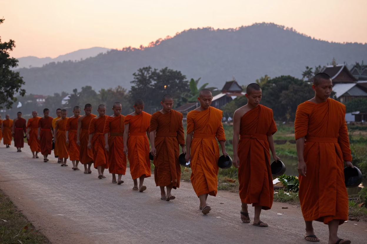 Collecting Alms in Luang Prabang at Sunset Light in in Luang Prabang, Laos